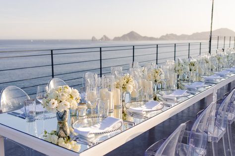 Beach Glam Wedding, Cabo San Lucas Wedding Venues, Rooftop Wedding Reception, Cabo Surf Hotel, Romantic Sunset Wedding, Wedding Table Design, Destination Wedding Cabo, Beach Glam, Mirrored Table