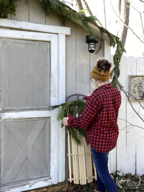 Cute She-Shed Holiday Makeover - Jennifer Rizzo Christmas Shed, Red Twig Dogwood, Twig Dogwood, Pine Garland, Solar Lanterns, Pine Branch, Home Improvement Store, She Shed, Trees And Shrubs