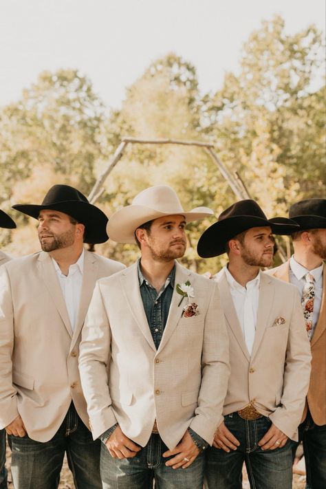 Groom And Groomsmen Western Attire, Western Wedding Outfit Groom, Western Groomsmen Attire Tan, Outdoor Wedding Mens Attire, Formal Cowboy Outfits Men Wedding, Country Wedding Suit, Jeans And Boots Wedding Guys, Rustic Mens Wedding Attire, Groom Country Wedding Attire