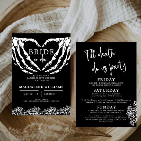 Bride or Die Gothic Skull Rose Bachelorette Party  Invitation Rip To Miss Bachelorette, Bachelorette Party Black And White, Rose Bachelorette Party, White Gothic Wedding, Bachelorette Party Black, Gothic Bachelorette, Bride Or Die, Halloween Wedding Invitations, Bachelorette Party Invitation