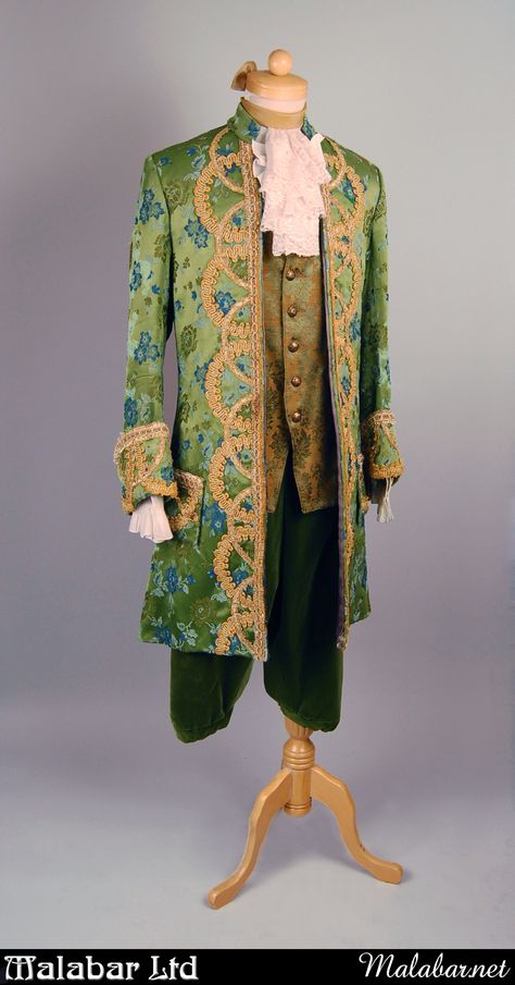 Green Baroque satin suit with blue embrodery and gold details. Brocade vest with lace jabot and velvet pants. Green Prince Outfit, Enchanted Forest Prom Suit, Green And Gold Suit, Cosmetics Moodboard, Victorian Suits, Fantasy Suit, Green Tux, Enchanted Forest Prom, Brocade Vest