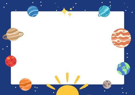 Dark Blue Playful Cute Galaxy Space Page Border Landscape A4, Click the following link to customize this template ⬇️  https://www.canva.com/templates/EAF9kJKkZUo-dark-blue-playful-cute-galaxy-space-page-border-landscape-a4/ Solar System Border Design, Dark Blue Planet, Planet Template, Space Themed Background, Solar System Background, Space Worksheets, Border Landscape, School Labels Printables, Science Lab Decorations