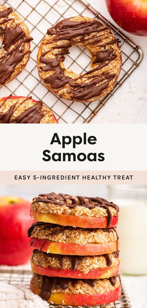 This apple samoas recipe is super easy to make with just 5 ingredients! Apple slices are topped with a coconut almond butter mixture and drizzled with chocolate. It's the perfect healthy fall treat! Apple Samoas, Apple Snacks Healthy, Samoas Recipe, Paleo Kids Recipes, Thanksgiving Desserts Apple, Apple Dessert Recipes Easy, Baked Apple Slices, Caramel Apple Slices, Healthy Apple Desserts