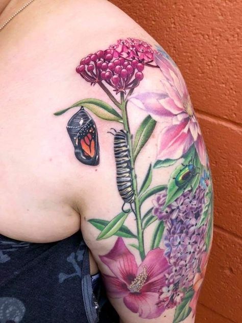 Chrysalis Tattoo Butterfly, Monarch Chrysalis Tattoo, Colorful Insect Tattoo, Pollinator Tattoo Sleeve, Monarch Caterpillar Tattoo, Chrysalis Tattoo, Milkweed Tattoo, Caterpillar Tattoo, Monarch Tattoo