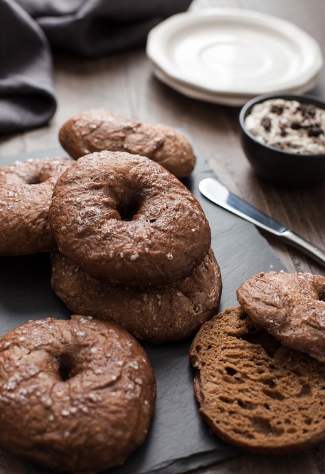 Chocolate Bagels with Cookies and Cream Whipped Cream Cheese | Red Star Yeast Chocolate Extract, Emeril Lagasse, Bagel Recipe, Chocolate Sandwich Cookies, Whipped Cream Cheese, Chocolate Sandwich, Sweet Cookies, Whipping Cream, Sweet Roll