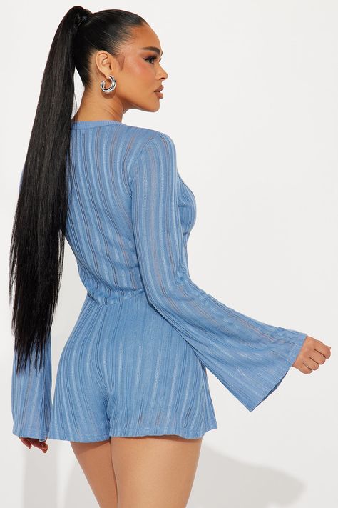 Available In Ivory And Blue. Romper Long Sleeve Button Front A-Line Short Lined Stretch Self: 100% Polyester Contrast: 100% Polyester Lining: 100% Polyester Imported | Italian Getaway Romper in Blue size Medium by Fashion Nova Italian Getaway, Mini Boo, Voluminous Ponytail, Romper Long Sleeve, Sew In Hairstyles, Hair Extensions Best, Natural Human Hair, Ponytail Hair Extensions, A Line Shorts