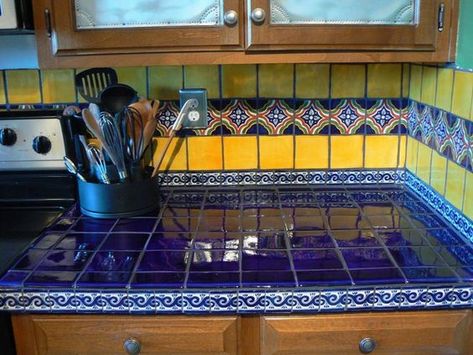 blue yellow mexican tiles kitchen countertop and backsplash design ... Yellow Wall Tiles, Mexican Tile Kitchen, Talavera Kitchen, Latin Decor, Mexican Style Kitchens, Trendy Kitchen Tile, Trendy Kitchen Backsplash, Mexican Kitchen, Mexican Kitchens