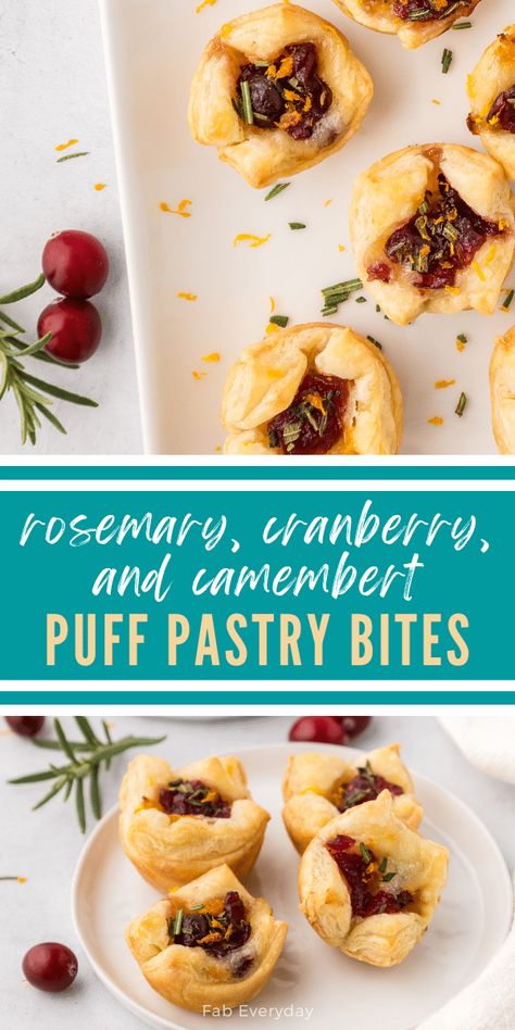 These delicious little Camembert and cranberry appetizer bites are perfect for holiday entertaining. I originally made these Camembert and cranberry puff pastry bites for a Christmas party. This baked Camembert with cranberries appetizer has a magical ingredient pairing! The nuttiness of the cheese balances so well with the tartness of the cranberry sauce, the sweetness of the orange zest, and the spiciness of the rosemary. Click or visit FabEveryday.com for the Camembert pastry bites recipe! Cranberry Puff Pastry, Baked Camembert Recipe, Camembert Recipes, Cranberry Appetizer, Puff Pastry Bites, Pastry Bites, Wellington Recipe, Baked Camembert, Puff Pastry Appetizers