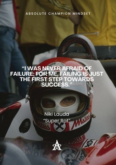 “I was never afraid of failure; for me, failing is just the first step towards success.” - Niki Lauda “Super Rat” Follow us for more daily quotes and inspirational videos @absolutechampionmindset #formula1 #nikilauda #motivationalquote #dailyquotes #motivation #inspiration #success #quote #quotes #motivationalquotes #dailymotivation #lifemotivation Niki Lauda Quotes, Race Quotes Inspirational, F1 Inspirational Quotes, Formula 1 Quotes Inspiration, F1 Quotes Motivation, F1 Motivation, F1 Decor, Formula 1 Quotes, Essay Quotes