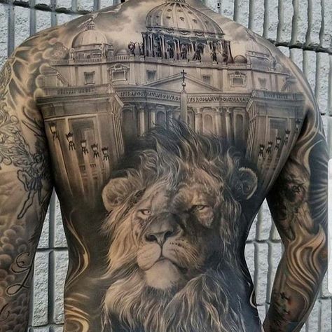 Lion Back Tattoo, Cool Back Tattoos, Upper Back Tattoos, Back Piece Tattoo, Full Back Tattoos, Back Tattoos For Guys, Back Pieces, Back Tattoos, Lion Tattoo