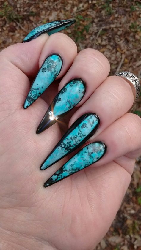 Black And Turquoise Nails, Turquoise Stone Nails, Nails Cowgirl, Turquoise Nail Designs, Blue Stiletto Nails, Grad Nails, Acrylic Nails Stiletto, Nail Bling, Black Coffin Nails