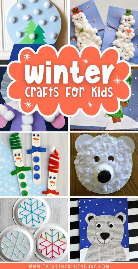 50 adorable winter crafts for kids. These low prep winter themed craft ideas are fun for preschoolers and kindergarten kids. Class Christmas Craft 2nd Grade, Holiday Art For Kindergarten, Fun Winter Crafts For Preschoolers, Winter 1st Grade Crafts, Winter Theme Ideas For Preschool, Winter Art For Kindergarten Kids, Preschool Art Activities Winter, Tissue Paper Winter Crafts, Kids Winter Crafts Preschool