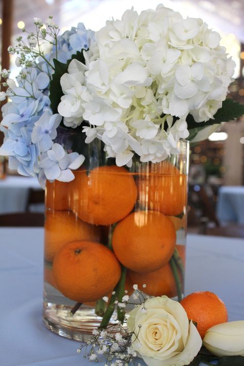 Centerpieces With Oranges Fruit, Lil Cutie Centerpieces, Cutie On The Way Centerpiece, Cuties Centerpiece, Cutie Orange Centerpiece, Orange You Curious Gender Reveal Ideas, Blue And Orange Bridal Shower Ideas, Little Cutie Baby Shower Table Centerpieces, Clementine Centerpiece