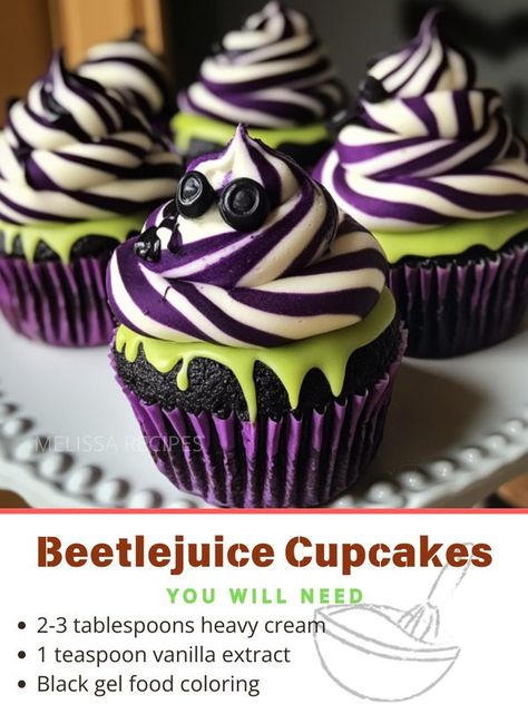 Melissa Recipes | Beetlejuice Cupcakes 👻🧁 | Facebook Beetlejuice Food Ideas, Beetlejuice Cupcakes, Gel Food Coloring, Cupcake Ideas, Themed Cupcakes, Black And White Stripes, Food Themes, Iconic Movies, Cake Decoration