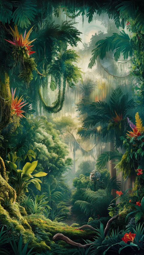 Immerse yourself in a vibrant tropical landscape with our Enchanted Rainforest Wallpaper. Experience the lush emerald canopy, vivid exotic flowers, and dappled sunlight illuminating ferns and mosses. This Impressionistic and Surrealistic art piece features whimsical creatures, inviting a sense of mystery and enchantment. Perfect for nature lovers, home decor, and creating a serene atmosphere. #Rainforest #TropicalDecor #WallArt #NatureLovers Enchanted Rainforest, Rainforest Wallpaper, Rainforest Flowers, Exotic Wallpaper, Surrealistic Art, Indoor Courtyard, Whimsical Creatures, Dappled Sunlight, Game Zone