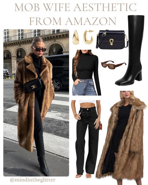 Brown fur coat, black pants, black turtle neck, black cross body bag and gold hoops Fur Coat With Dress, Mobster Wife Aesthetic, Mob Wives Costumes, Italian Mob Wife Aesthetic, Sopranos Aesthetic, Italian Summer Aesthetic Outfit, Fur Coat Photoshoot, Fur Coat Aesthetic, Fur Coat Street Style