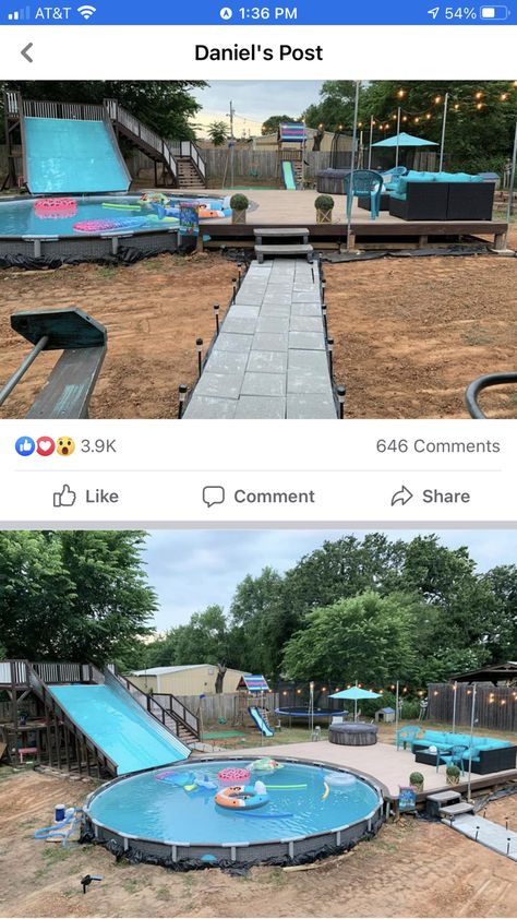 Country Outdoor Pool Area, Backyard Pool And Trampoline, Recreational Backyard Ideas, Small Backyard With Pool And Playground, Hidden Above Ground Pool Ideas, Coolest Backyard Ideas, Moving Food Ideas, Pool And Trampoline Backyard, Pool Shelf Ideas Above Ground