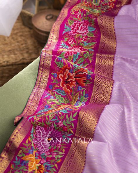 Petite Point Embroidery Sarees, Gap Border Pattu Sarees, Hibiscus Flower Drawing, South Indian Wedding Saree, Magam Work, New Saree Designs, Lavender Silk, Beautiful Sarees, Party Sarees