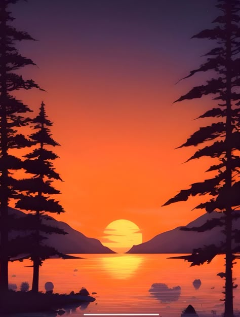 Sunset Lake Painting Easy, Digital Art Scenery Landscapes, Sunrise Digital Art, Simple Landscape Drawing Ideas, Lake Drawing Simple, Sunrise Drawing Simple, Scenery Easy Painting, Sunrise Painting Ideas, Mountain Sunrise Painting