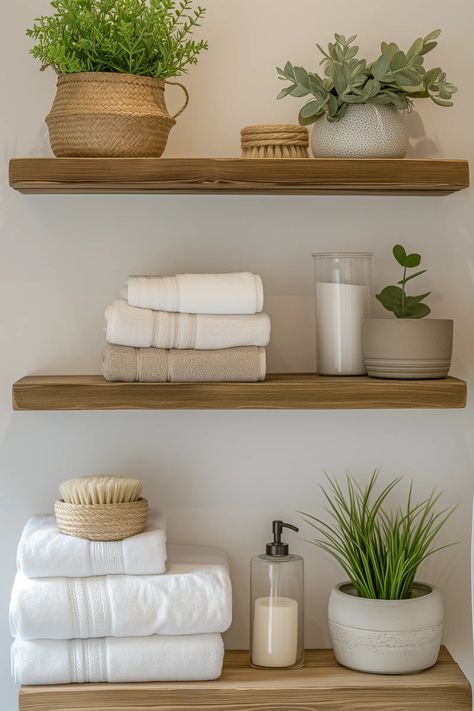 17 Creative Small Bathroom Shelf Ideas That Look Gorgeous Bathroom With Shelves Ideas, Small Bathroom Ideas Above Toilet, Modern Bathroom Shelving Ideas, Over Toilet Shelf Ideas, Bathroom Shelves Styling, Bathroom Shelf Ideas Above Toilet, Over Toilet Shelves, Over The Toilet Shelves, Adu Inspiration