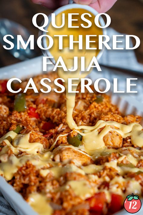 Queso Smothered Fajita Casserole | 12 Tomatoes Beef Fajita Casserole Recipe, Beef Fajita Casserole, Green Chile Queso, Fajita Rice, Mexico Recipes, Fajita Casserole, Baking Chicken, Food Rotation, Hispanic Dishes