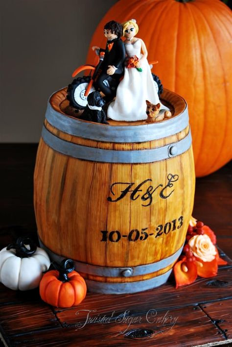 - A truly personalized wedding cake.  A rustic whiskey barrel with the bride and groom on a dirt bike, with their two dogs.  The pumpkins are RKT.  Everything is hand painted. Barrel Wedding Cake, Whiskey Barrel Cake, Dirt Bike Wedding, Whiskey Barrel Wedding, Barrel Cake, Whiskey Cake, Special Occasion Cakes, Cakes For Men, Cake Pictures