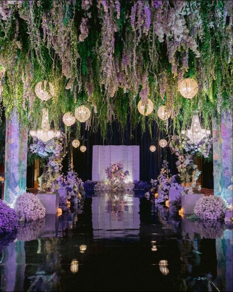 Purple And Black Reception Decor, Princess Wedding Theme Decorations, Lilac Themed Birthday Party, Lilac Wedding Theme Decor Receptions, Lavender And Green Wedding Decorations, Purple Forest Wedding Theme, Bridgerton Debut Theme, Black And Lilac Wedding, Fairytale Wedding Aesthetic