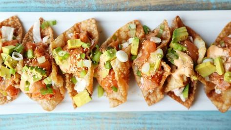 Spicy Salmon Poke Taco Recipe - Food.com Salmon Wonton Tacos, Poke Tacos, Salmon Recipes Oven, Wonton Tacos, Salmon Poke, Recipes Oven, Taco Recipe, Spicy Salmon, Fine Cooking