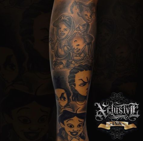 Boondocks Leg Tattoo, Character Leg Sleeve Tattoo, Black Cartoon Characters Tattoos, Cartoon Sleeve Tattoo Ideas, Black Cartoon Tattoo Ideas, Boondocks Sleeve Tattoo, Cartoon Tattoos For Men Black, Character Sleeve Tattoo, Cartoon Leg Sleeve Tattoo