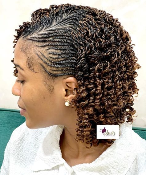 Layered Braided Bob with Twists and Curls Micro Cornrows, Thick Box Braids, Curls Ideas, Braided Bob, Curled Hair With Braid, Half Cornrows, Scalp Braids, Half Braid, Individual Braids