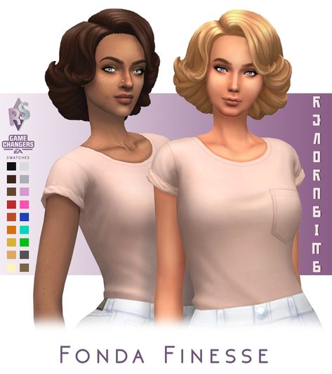 Public release; Fonda Finesse | Renorasims on Patreon Sims 4 Bgc, Sims4 Outfits, Body Presets, 1970s Hairstyles, Sims 4 Decades Challenge, Grease Hairstyles, 50s Hairstyles, Sims Clothes, Cc Mods