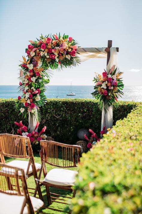 Tropical Tuesday Vibes 🌺✨⁠ ⁠ Planning: @adreamweddingmaui⁠ Photography: @annakimphoto⁠ ⁠ #fernhousemaui #fernhouseflowers #weddingflorist #weddingflowers #mauiflorist #ceremony #weddingarch #ceremonyflowers #tropicalwedding #beachwedding #mauiwedding #farmerflorist #tropicalflowers #hawaiiwedding #floraldesign #floralinspo Tropical Wedding Arch Ideas, Modern Tropical Wedding Decor, Hawaii Wedding Arch Ideas, Tropical Wedding Ceremony, Tropical Altar, Tropical Wedding Arch, Tropical Glam Wedding Decor, Tropical Wedding Theme Elegant, Simple Tropical Wedding Arch