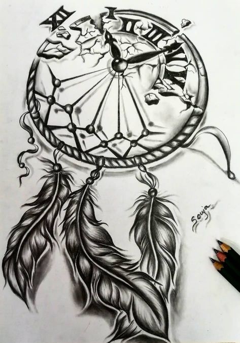 Clock And Dream Catcher Tattoo, Dark Dreamcatcher Tattoo, Dream Catcher Sleeve Tattoo For Women, Dreamcatcher Drawing Unique, Dreamcatcher Tattoo For Men, Dream Catcher Tattoo For Men, Dream Catcher Tattoo Design Unique, Thug Tattoos For Women, Dreamcatcher Mandala Tattoo