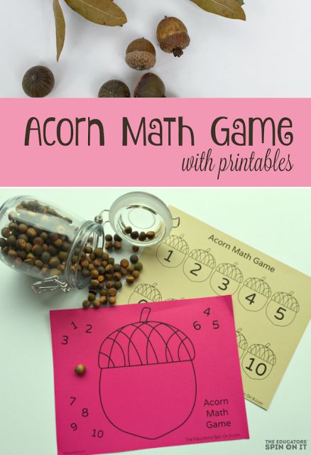 Acorn Math Game for Kids with Printables.  A playful hands-on way to  practice… Autumn Preschool Theme, Fun Learning Games, Thanksgiving Games For Kids, Nature Hunt, Creative Math, Math Activities For Kids, Math Games For Kids, Fun Math Activities, Learning Games For Kids