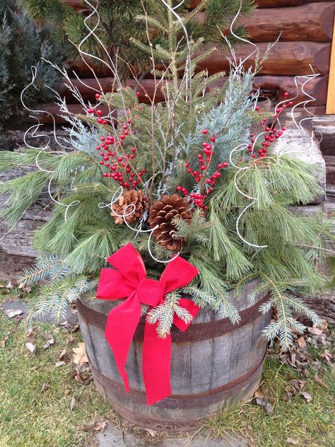 Merry Rustic Christmas! Western Christmas Decorations, Western Flowers, Christmas Urns, Outdoor Christmas Planters, Holiday Planter, Whiskey Barrels, Winter Planter, Christmas Pots, Christmas Planters