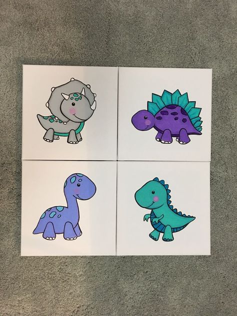 Dinosaur Nursery Painting, Cartoon Dinosaur Painting, How To Paint Dinosaurs, Dino Painting Ideas On Canvas, Cute Dinosaur Painting Canvas, T Rex Painting Easy, Cute Dino Paintings, Easy Dinosaur Painting On Canvas, How To Paint A Dinosaur