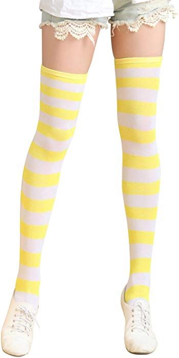 ZANZEA Womens Thigh High Socks Over the Knee Stocking Striped Tights Yellow Medium at Amazon Women’s Clothing store: Sundrop Cosplay, Kawaii Stockings, Japanese Fashion Trends, Yellow Tights, Spidersona Ideas, Japanese Socks, Kawaii Socks, Colorful Clothing, Yellow Socks