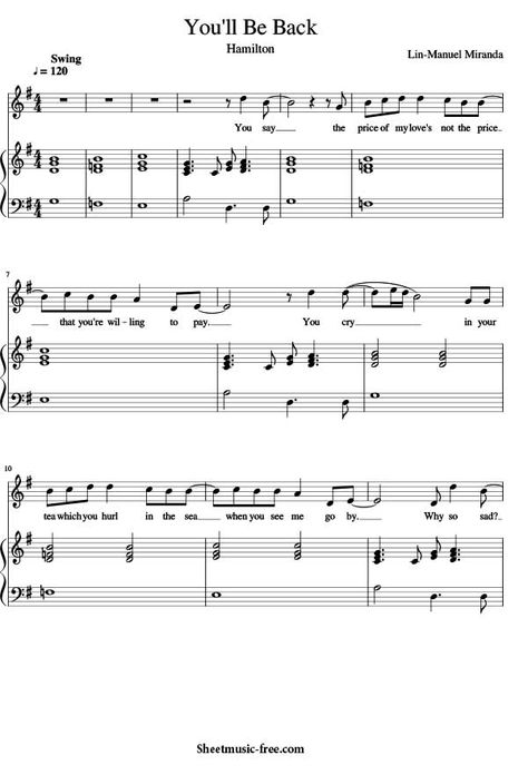 You'll Be Back Sheet Music Hamilton (The Musical) Download You'll Be Back Piano Sheet Music Free PDF Download Hamilton Sheet Music Piano, Hamilton Violin Sheet Music, Musical Theatre Sheet Music, Percussion Sheet Music, Hamilton Flute Sheet Music, Hamilton Piano, Hamilton Sheet Music, Hamilton Soundtrack, Popular Piano Sheet Music