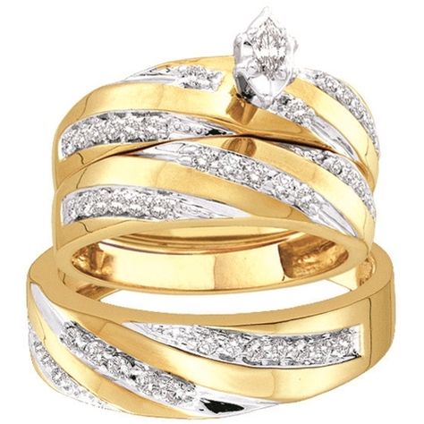 Fusion Collections Mens Womens 14k YG Round & Marquise Diamond Trio Bridal Ring Set 0.78CT Wedding Ring Yellow Gold, Wedding Rings Sets His And Hers, Wedding Ring Bands Set, Wedding Rings Solitaire, Bridal Wedding Rings, Jewelry Bridal, Fabulous Jewelry, Marquise Diamond, Wedding Matches