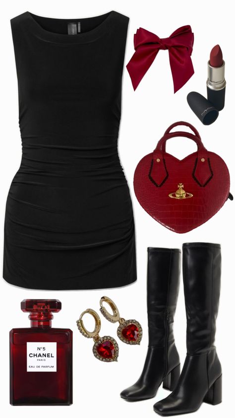 black & dark red outfit, black dress, red accessories, boots Dark Red Dress Outfit, Black And Red Outfit Classy, Dark Red Outfit Aesthetic, Outfits Cena, Red Accessories Outfit, Dark Red Outfit, Tvd Outfits, Red Black Outfit, Black Summer Outfits