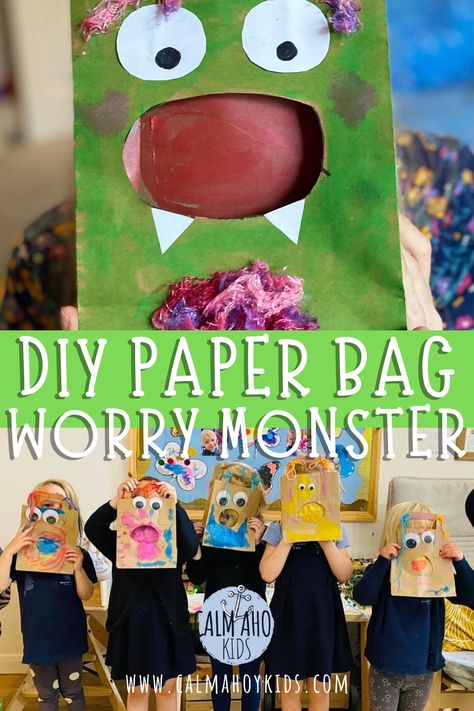 Paper Bag Monster Puppets, Worry Monster Craft, Emotion Crafts Preschool, Diy Backdrop Ideas, Easy Paper Crafts For Kids, Worry Monster, Monster Puppet, Diy Paper Bag, Nepal Art