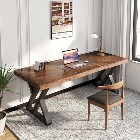 PRICES MAY VARY. 【Solid Wood Office Desk】The dark brown real wood desk seamlessly blends with various interior decor styles.Industrial modern natural look and crafting, plus its exquisite wood grain, all contribute to its personality and the way it enlivens a room and makes an impression. 【Thicken Board & Metal Frame】Wide and thick solid wood desk top along with the stylish Z-shape metal leg for this work desk provide the maximum stability and durability,allowing it to be used for an extended pe