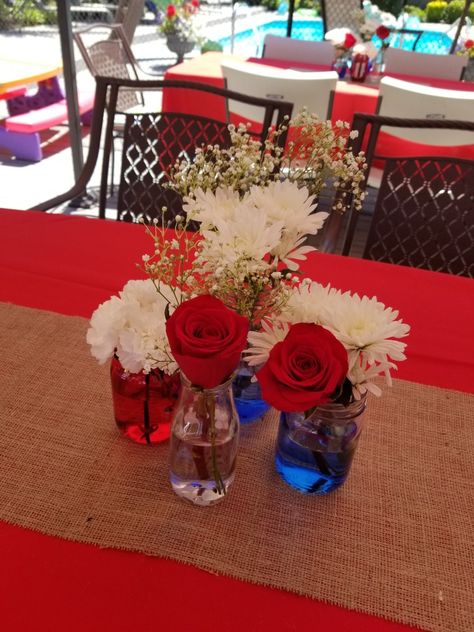 Red, White and Blue Graduation Party Centerpieces Light Blue And Red Graduation Party, Red And Blue Table Decorations, Red White And Blue Table Decor, Red And Blue Graduation Party Decoration, Blue And Red Graduation Party Ideas, Red White Blue Graduation Party Ideas, Red White And Blue Graduation Party, Red White Blue Centerpieces, Red And Blue Graduation Party