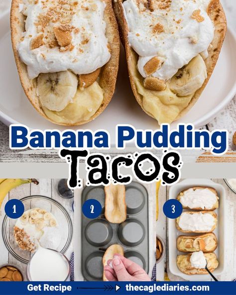 Ultimate comfort food, banana pudding tacos take this classic dessert up a notch to include a sugary vanilla dessert taco! I also show you a hack to make these dessert tacos in your own kitchen! Banana Pudding Tacos will be your new favorite! Banana Pudding Cheesecake Tacos, Mexican Banana Dessert, Desserts To Go With Tacos, Fruit Tacos Desserts, Dessert Tacos Recipes, Taco Dessert Ideas, Desert Tacos, Banana Pudding Tacos, Cheesecake Tacos Recipe