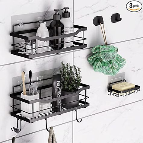 Amazon.com: AJayHao 3-Pack Shower Caddy Shelf with Adhesives, 6 Hooks, Soap Dish, Wall Mounted Rustproof Bathroom Organizer Basket, No Drilling, 304 Stainless Steel Storage Rack.(?Matte Black) : Home & Kitchen Bathroom Shower Accessories, Steel Storage Rack, Bathroom Caddy, Corner Shower Caddy, Shower Rack, Bathtub Tray, Shower Shelf, Bathroom Necessities, Wood Walls