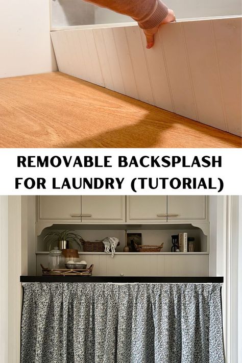 person tilting out a removable beadboard backsplash on top of a wood door countertop in a laundry room and the fully styled after shot showing how it looks with beige cabinets and curtains covering the washing machine Laundry Cover Up, How To Close Off Open Laundry Room, Curtain For Washer And Dryer, Cover For Washer Dryer Hookup, Removable Laundry Room Countertop, How To Hide Water Hook Up In Laundry Room, Hide Laundry Hookups Top Loader, Curtain In Laundry Room, Laundry Room Wall Hooks