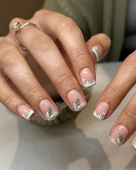 15 Bridesmaid Nail Ideas the Whole Bridal Party Will Love Nails Braidsmaid, Wedding Nails Bridesmaid Square, Wedding Nail Ideas For Bridesmaids, Floral Tips Nails, Fun Bridesmaid Nails, Rome Inspired Nails, Bridesmaid Nails Green Dress, Short French Nails With Design, Pink Wedding Nails Bridesmaid