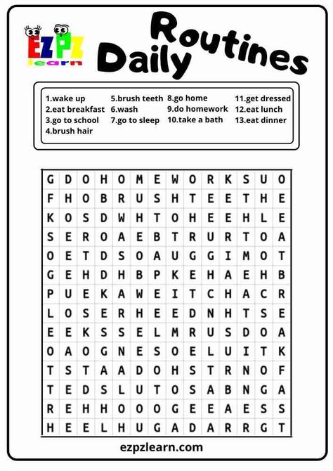 Free Printable English Word search No Image Topic Daily Routine Worksheets For Kindergarten Daily Routine Worksheet, Holiday Word Search, Clothes Words, Freetime Activities, Free Printable Word Searches, Halloween Word Search, Free Time Activities, Family Worksheet, Word Search Printables