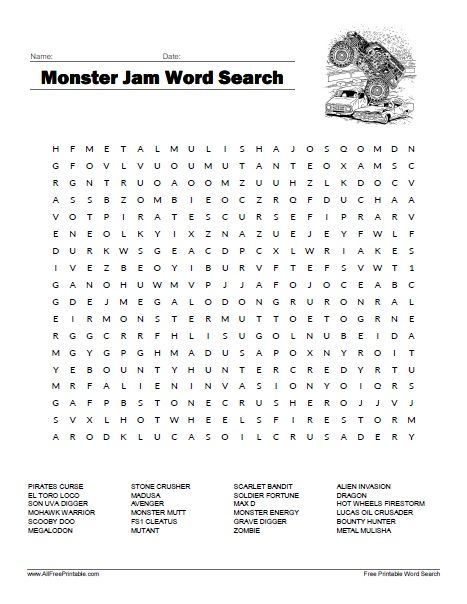 Free Printable Monster Jam Word Search. Free Printable Monster Jam Word Search activity for all the Monster Jam fans. Great if you follow and watch Monster Jam on FS1 or go to the events. You can print and give this activity to your friends, students, parents, neighbors and teachers. Great for a Monster Jam themed birthday party celebration. Search for Monster Jam Birthday Party Activities, Word Search Free Printable, Monster Jam Birthday, Monster List, Party Activities Kids, Monster Truck Coloring Pages, Monster Trucks Birthday Party, Classroom Activity, Truck Birthday