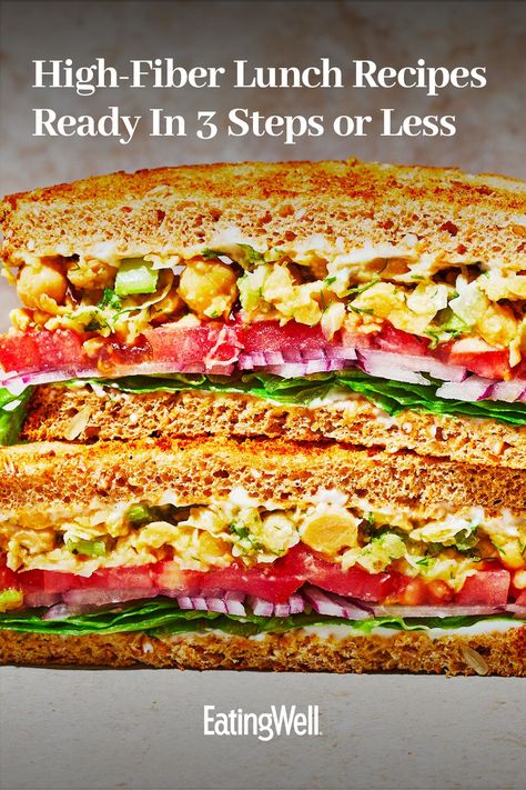 From sandwiches to wrap, these simple lunch recipes have ingredients like legumes, leafy greens and whole grains that make these lunches standouts for a high-fiber diet. Make these easy healthy lunch recipes for work or school Easy High Fiber Lunch Ideas, Healthy Chicken Sandwich Recipes, High Fibre Lunches, Greek Salad Wrap, Easy Healthy Lunch Recipes, Power Salad, Protein Lunch, High Fiber Diet, Stuffed Avocado Healthy